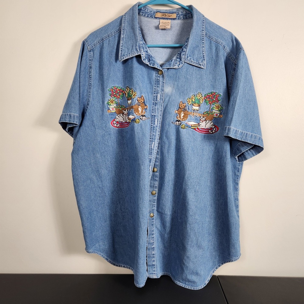 Just My Size Denim Shirt Plus Short Sleeve Cat Embroidered Blue Button Up 18/22